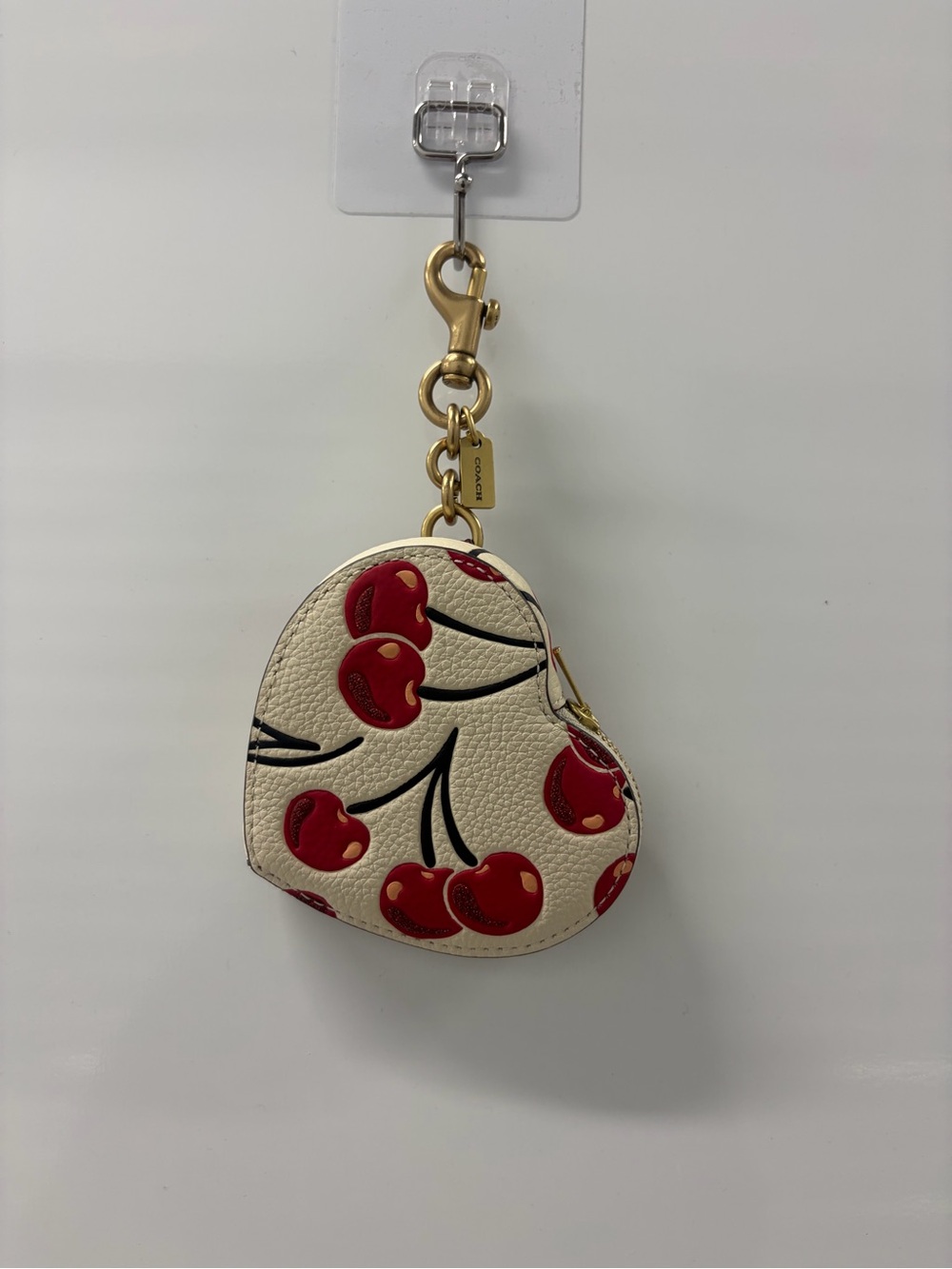 AUTHENTIC Coach Heart Key & Card Holder - White with Red Cherries